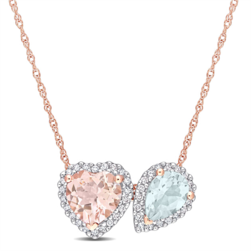 Mimi & Max 1 3/4 ct tgw heart shape morganite pear shape aquamarine and 1/5 ct tw diamond pendant with chain in 10k rose gold