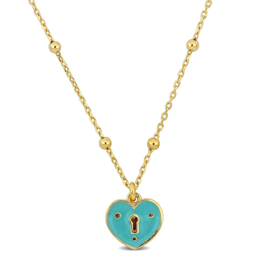Mimi & Max turquoise enamel heart necklace on diamond cut cable chain w/ ball beads in yellow silver - 16.5+1 in.