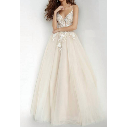 JOVANI plunging neckline flower appliques prom gown in champagne
