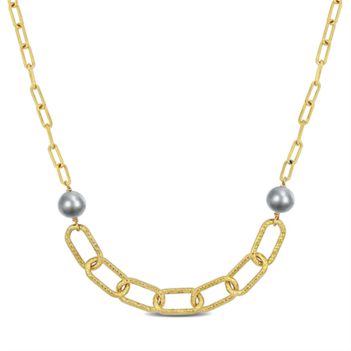 Mimi & Max 9-10 mm grey cultured freshwater pearl chain bar necklace in 18k yellow gold plated sterling silver
