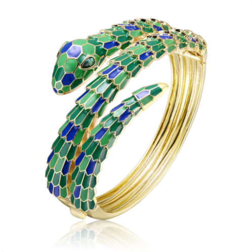Rachel Glauber rg 14k yellow gold plated with emerald cubic zirconia green & blue enamel 3d serpent coiled bypass wrapped bangle bracelet