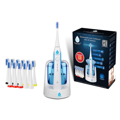 PURSONIC sonic smartseries electronic power rechargeable battery toothbrush with uv sanitizing function, includes 12 brush heads,white