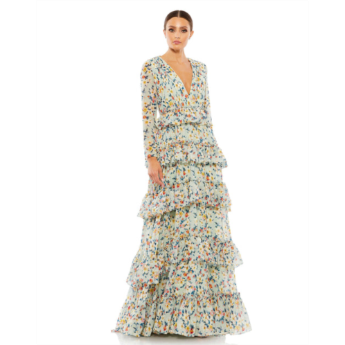 Ieena for Mac Duggal floral printed tiered ruffle long sleeve gown
