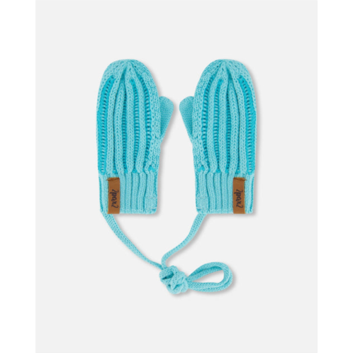 Deux par Deux knit mittens with cord turquoise