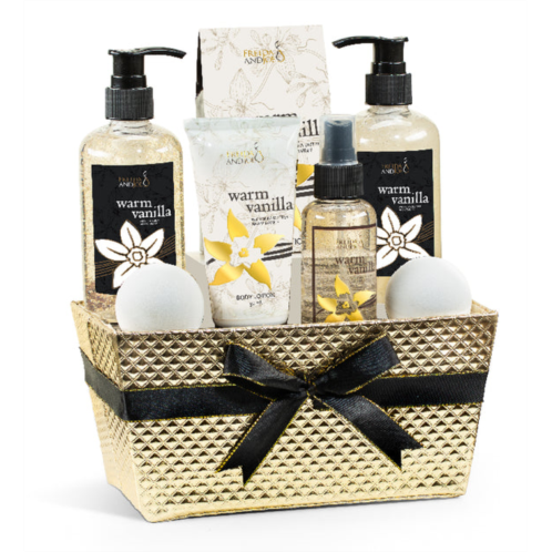 Freida and Joe warm vanilla bath & body gift set in gold basket
