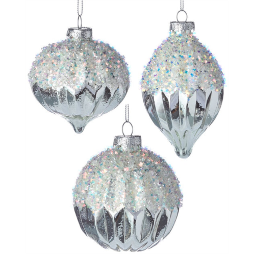 Kurt Adler 3pc 80mm glittered ball, finial & onion glass ornaments