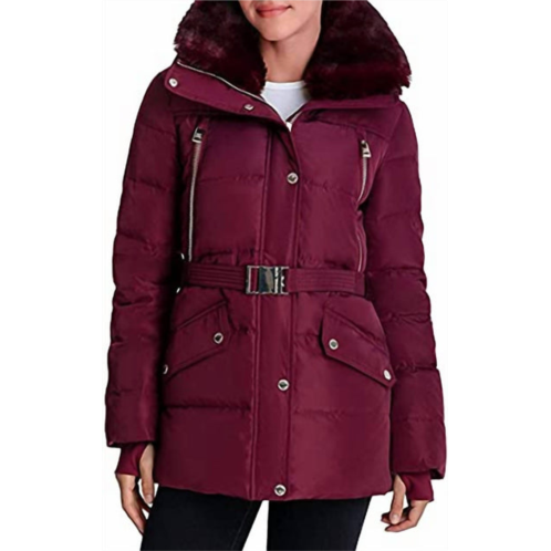 Michael Kors belted down quilted jacket coat in dark ruby