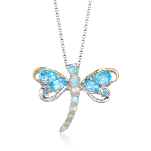 Ross-Simons opal and blue and white topaz dragonfly pin pendant necklace in 2-tone sterling silver