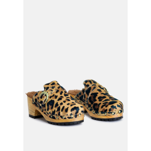 Rag & Co prunus leopard buckled suede round toe mule clogs