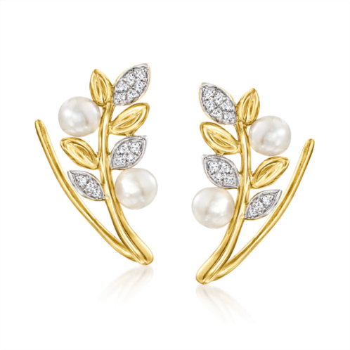 Ross-Simons 3.5-4mm cultured pearl leaf ear climbers with diamond accents in 14kt yellow gold