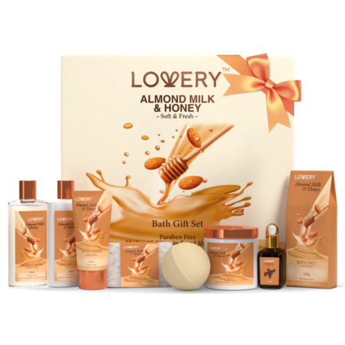 Lovery bath gift set - almond milk & honey spa - with handmade oatmeal soap & more