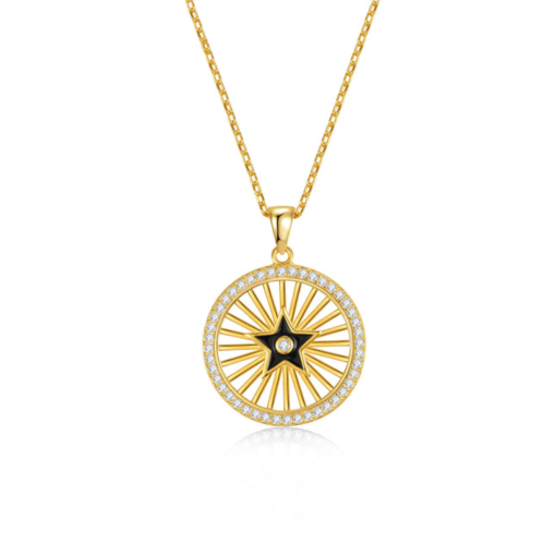Genevive 14k gold plated with diamond cubic zirconia rays of light black enamel star medallion pendant necklace