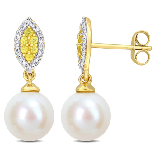 Mimi & Max 8mm cultured freshwater pearl 1/7ct tdw diamond & yellow sapphire marquise earrings 14k yellow gold