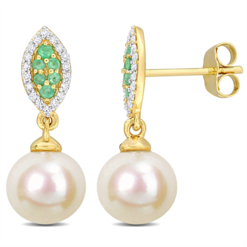 Mimi & Max 8mm cultured freshwater pearl 1/7ct tdw diamond 1/6ct tgw emerald marquise earrings 14k yellow gold