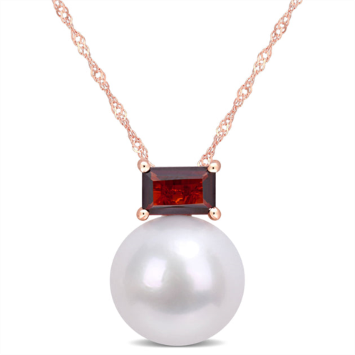 Mimi & Max 11-12mm cultured freshwater pearl and 3/4 ct tgw baguette garnet stud pendant with chain in 10k rose gold