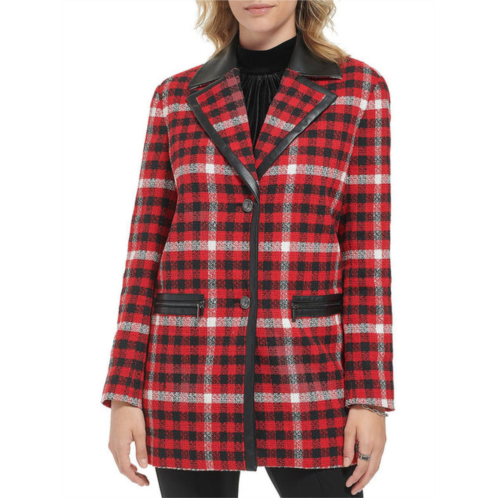 Karl Lagerfeld Paris womens plaid faux leather trim two-button blazer