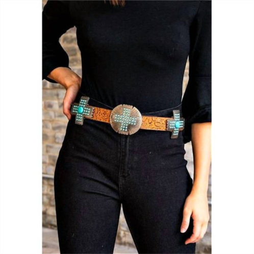 Lucky & Blessed turquoise cross concho tooled belt in brown