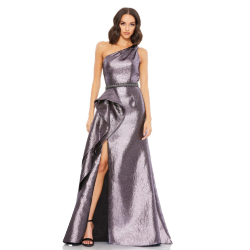 Mac Duggal one shoulder metallic ruffled evening gown