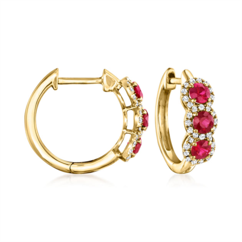 Ross-Simons ruby and . diamond halo hoop earrings in 14kt yellow gold