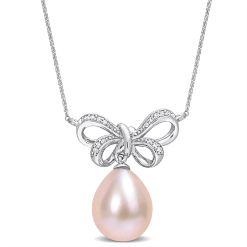 Mimi & Max 9.5-10mm cultured freshwater pink pearl and diamond accent bow necklace in 10k white gold