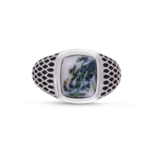 Monary tree agate stone signet ring in black rhodium plated sterling silver