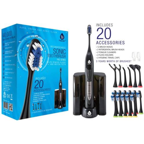 PURSONIC ultra high powered sonic electric toothbrush with dock charger, 12 brush heads & more! (value pack)black