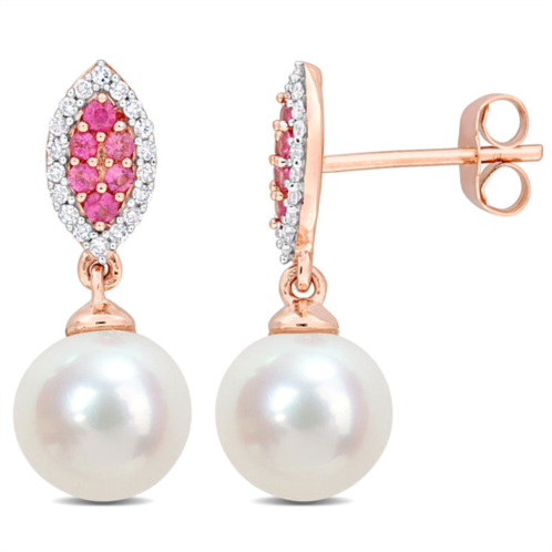 Mimi & Max 8mm cultured freshwater pearl 1/7ct tdw diamond & pink sapphire marquise earrings 14k rose gold