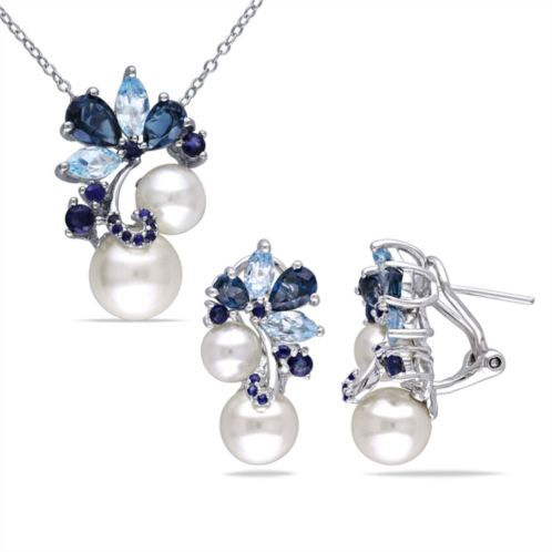 Mimi & Max 2-pc set of 5 3/4ct tgw london and sky blue topaz, sapphire and cultured freshwater pearl earrings and necklace in sterling silver