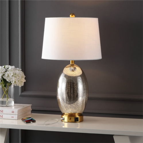 JONATHAN Y reese 26.5 1-outlet contemporary style iron/glass led table lamp with usb charging port, silver/brass gold