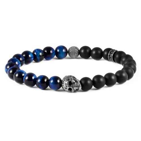 Crucible Jewelry crucible los angeles single gold skull stretch bracelet with 8mm matte black onyx and blue tiger eye beads