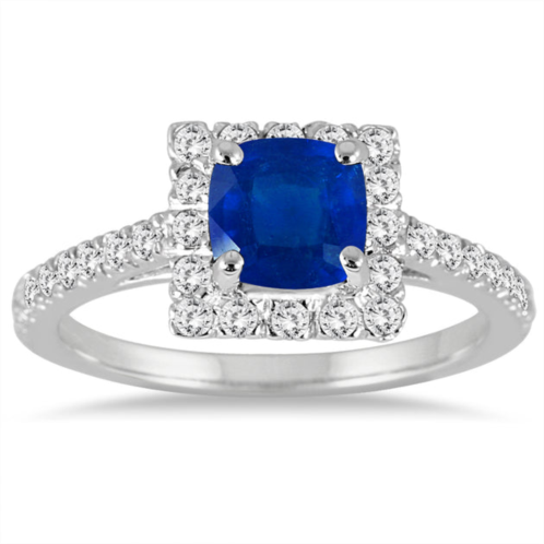 Monary cushion cut sapphire and diamond halo ring in 14k white gold