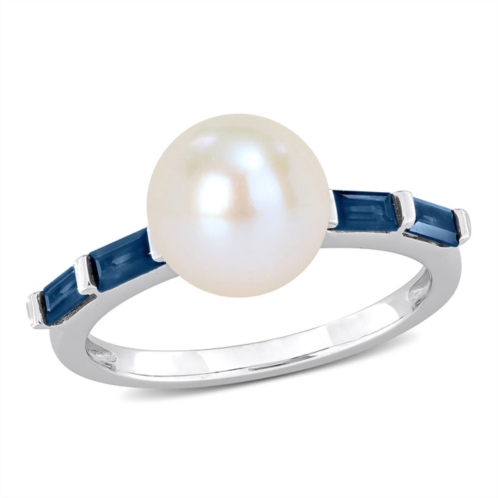 Mimi & Max 8-8.5mm freshwater cultured pearl 3/4ct tgw baguette sapphire ring 10k white gold