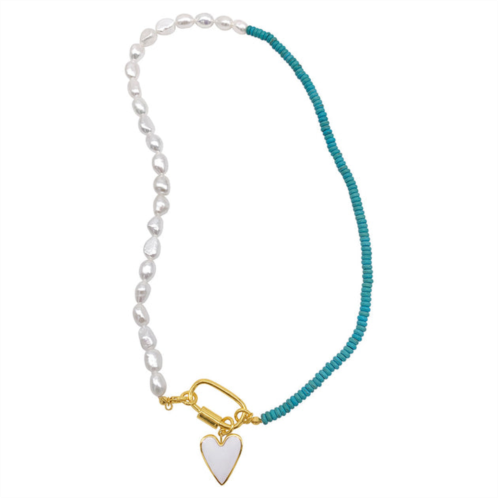 Adornia turquoise and freshwater pearl lock and heart pendant necklace gold