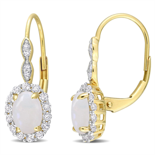 Mimi & Max 1 3/4 ct tgw oval shape opal and white topaz and diamond accent halo leverback earrings in 14k yellow gold