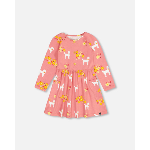 Deux par Deux organic jersey dress with pockets pink poodle print