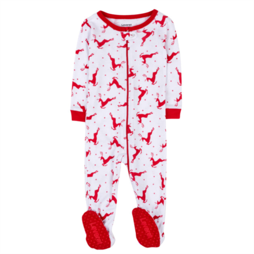 Leveret christmas kids footed cotton pajamas reindeer white