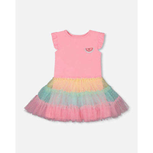 Deux par Deux short sleeve dress with tulle skirt bubble gum pink