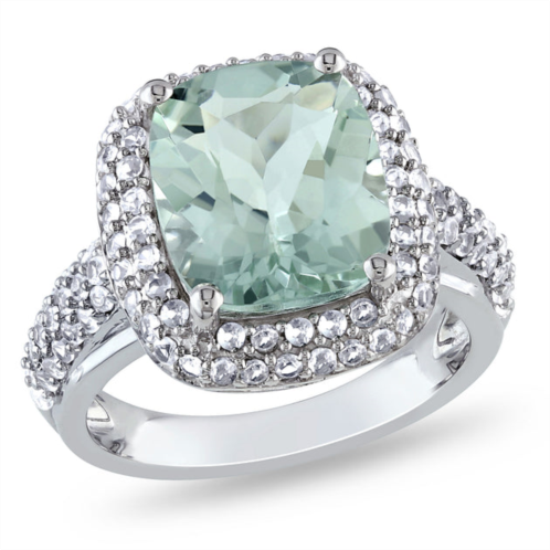 Mimi & Max 6ct tgw cushion cut green quartz and created white sapphire double halo ring in sterling silver