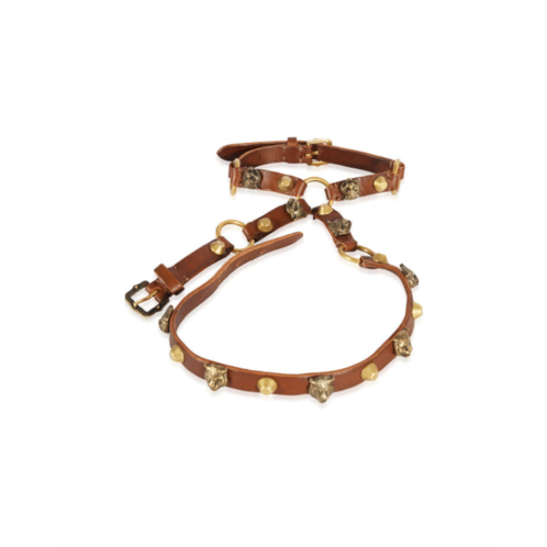 Gucci gold tone tang buckle feline head palm wrap bracelet in brown leather
