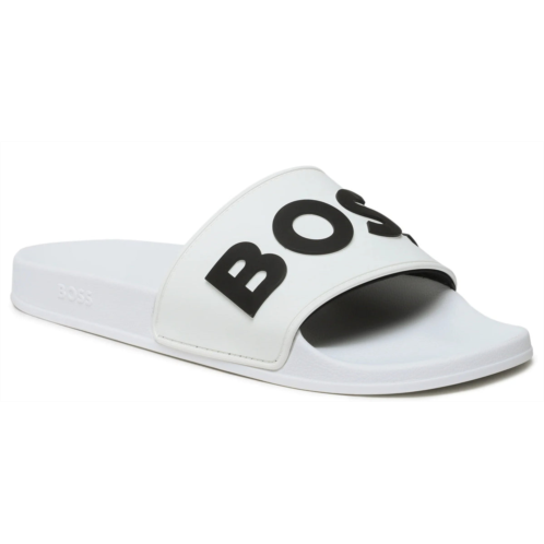 Hugo Boss men alabaster big logo slide kirk flat sandals bright white