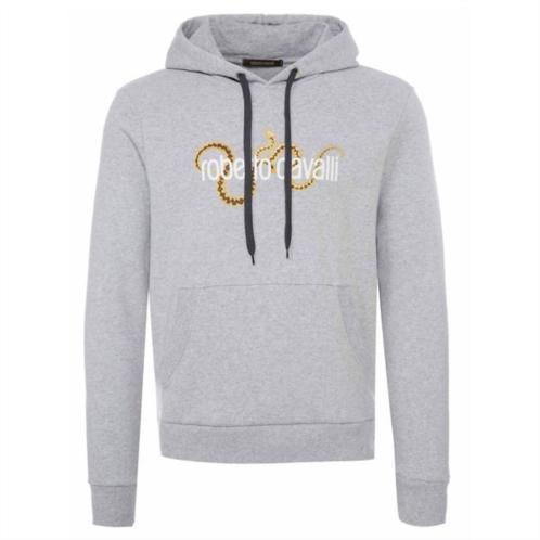 Roberto Cavalli mens printed logo drawstrings cotton pullover hoodie in gray
