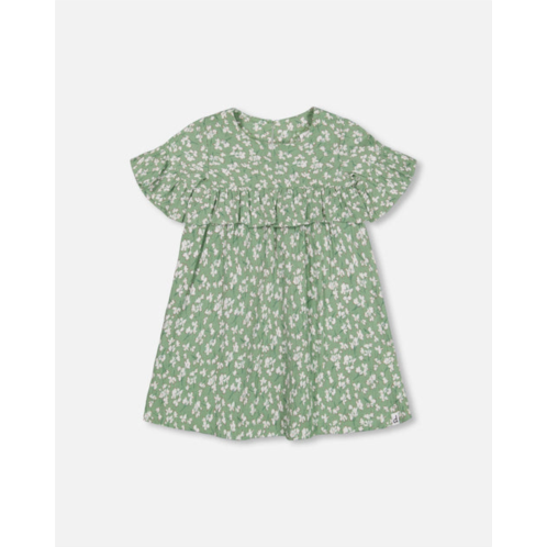 Deux par Deux muslin dress with frill green jasmine flower print