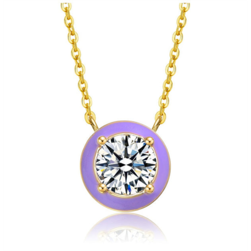 Rachel Glauber 14k yellow gold plated with clear cubic zirconia purple enamel round pendant necklace