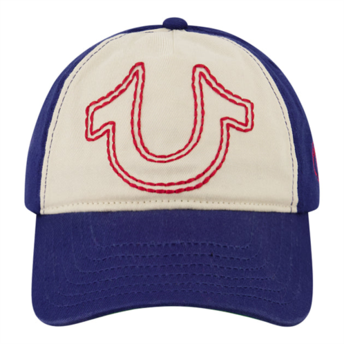 Concept One true religion baseball cap, 5 panel cotton twill kids baseball hat with large horseshoe logo, adjustable, blue, one size
