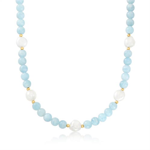 Ross-Simons aquamarine bead and 11-12mm cultured baroque pearl necklace with 14kt yellow gold