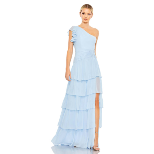 Mac Duggal ruffle tiered one flutter sleeve gown
