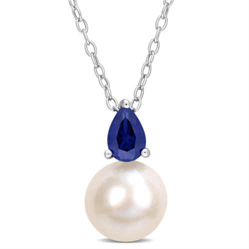 Mimi & Max 8.5-9 mm white freshwater cultured pearl and 5/8 ct tgw created blue sapphire solitaire pendant with chain in sterling silver