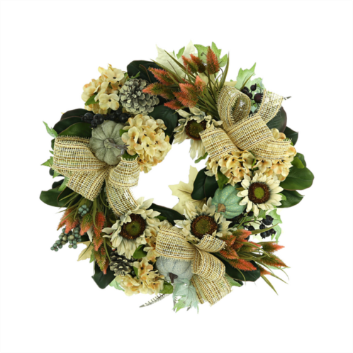 Creative Displays fall wreath w/ sunflowers, hydrangea and thistle
