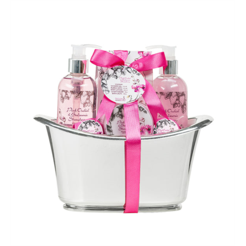 Freida and Joe pink orchid & strawberry fragrance bath & body spa gift set in a silver tub basket