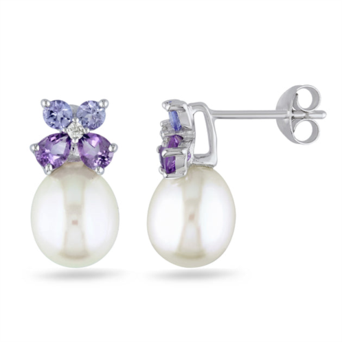 Mimi & Max 8-8.5 mm white cultured freshwater pearl, diamond, tanzanite and amethyst stud earrings in sterling silver